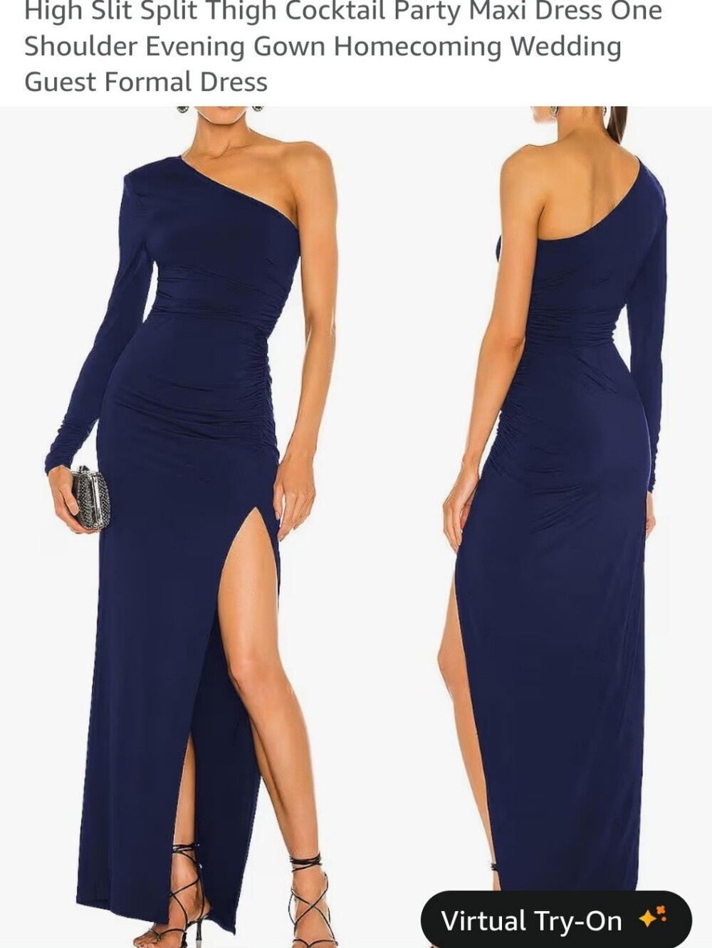 Navy One-Shoulder Ruched Maxi Dress with Thigh Slit